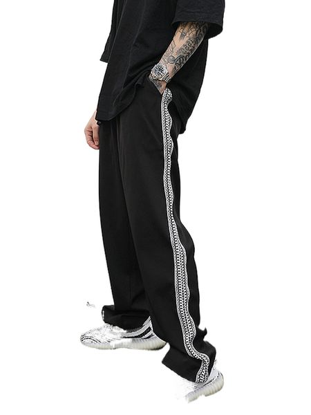 

men drawstring waist contrast geo tape pants i7nn#, Black