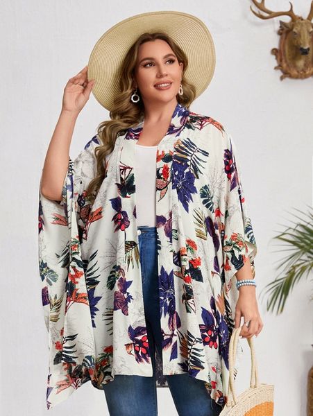 

emery rose plus plant print open front kimono s7eb#, Black;gray