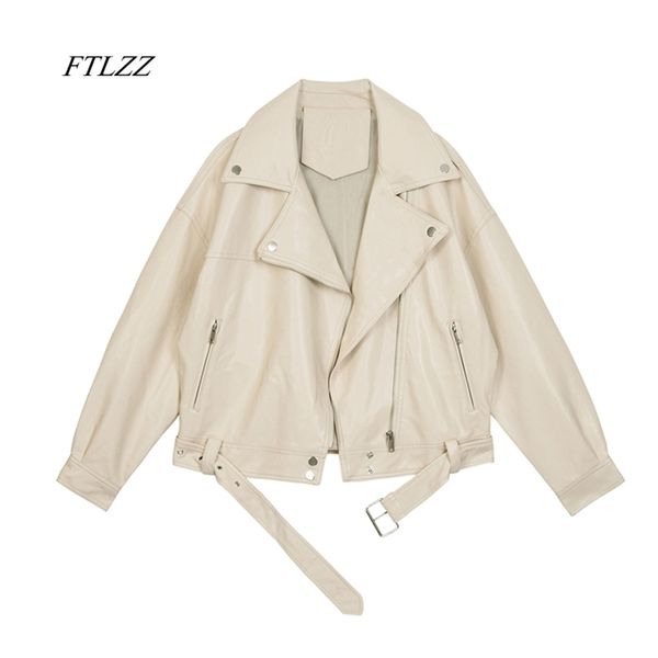 

ftlzz spring women pu leather motorcycle female with belt solid color s ladys loose casual jacket 220810, Black