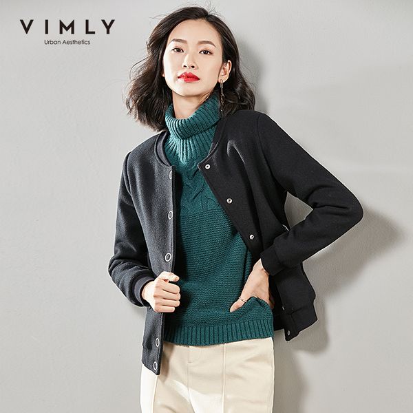 

vimly autumn winter women woolen coat fashion oneck solid singlebreasted slim casual female short jackets 30161 201102, Black