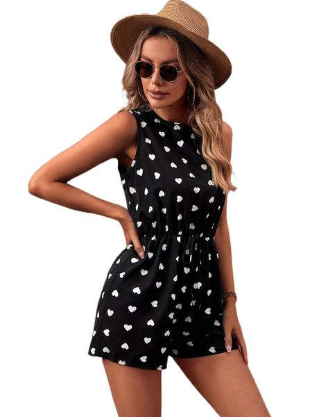 

allover heart print tie front romper b54d#, Black;white