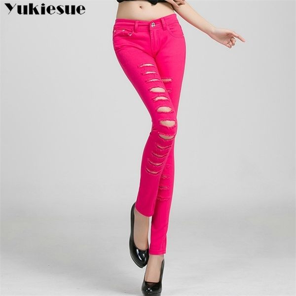 

skinny jeans woman white black ripped high waist skinny hole jeans vintage long pants femme casual pencil pants denim jeans 210412, Blue