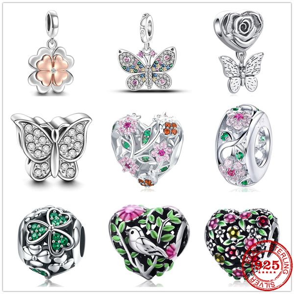 Contas pendentes de prata esterlina 925 borboleta quatro trevos pássaro verde contas de flor contas ajuste pandora charms pulseira faça você mesmo acessórios de joias