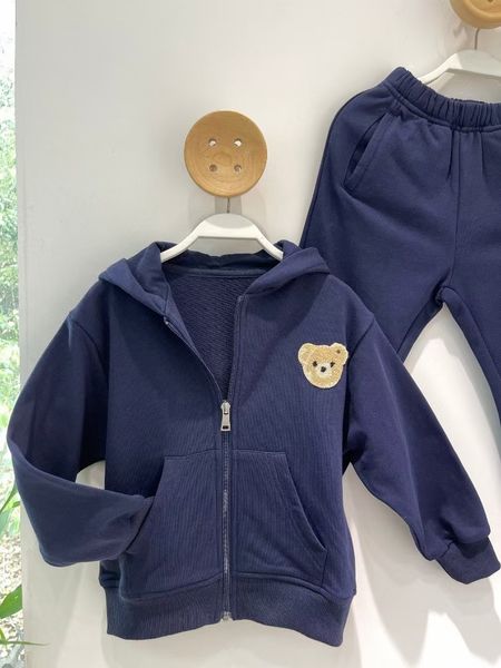 

baby sets kid designer clothe children tracksuits zipper hooded bear print with letter cotton, White