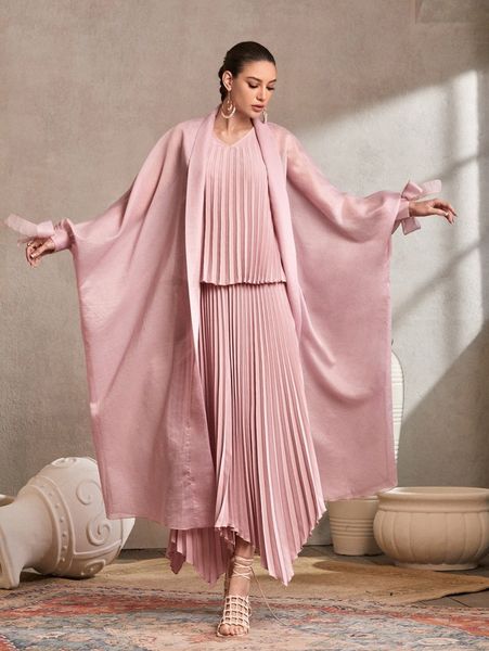 

solid pleated & skirt & bow detail batwing sleeve coat 62ls#, White