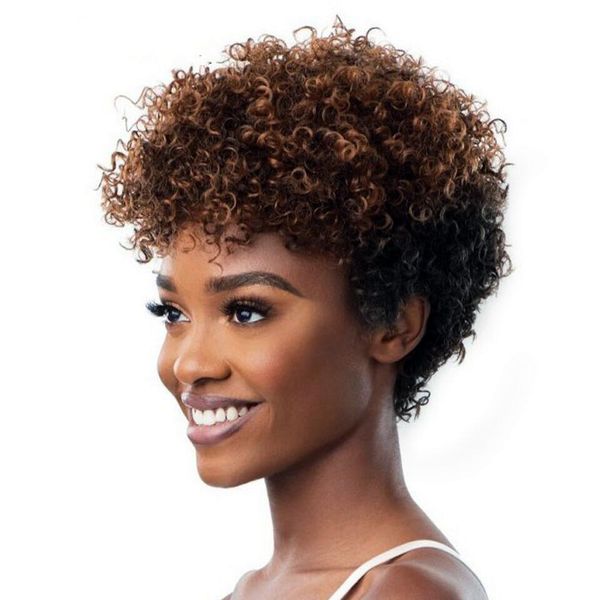 

afro kinky curly wig brazilian remy human hair short bob wig for black women machine made wigs natural color ombre brown 150%, Black;brown