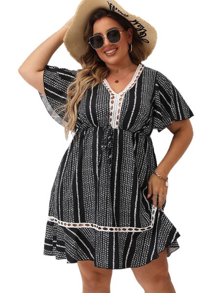 

plus graphic print guipure lace panel butterfly sleeve ruffle hem dress z7ts#, Black