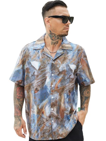 

extended sizes men marble print shirt z0u3#, White;black