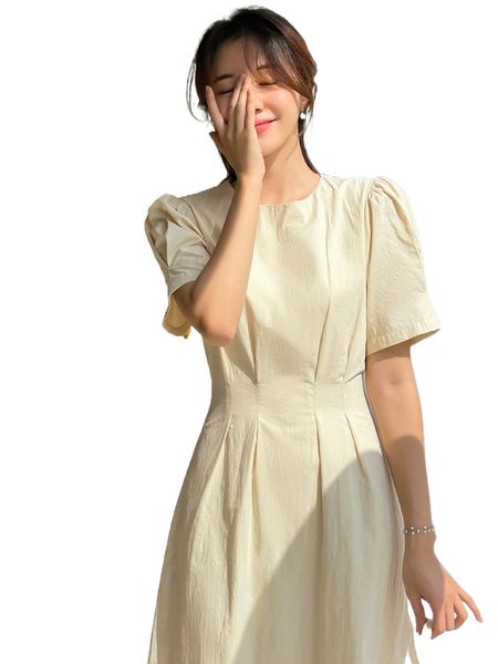 

dazy solid puff sleeve plicated detail dress k23a#, Black;gray