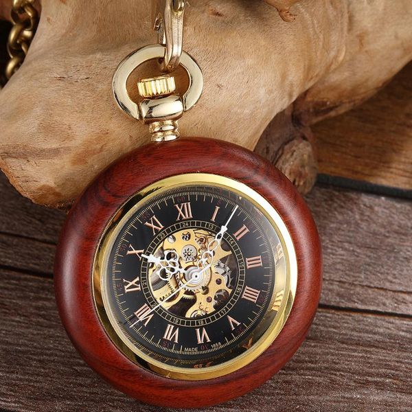 Taschenuhren Vintage Massivholz Mechanische Uhr Goldketten FOB Handaufzug Steampunk Skelettuhr Anhänger Römer Männer Frauen Geschenke