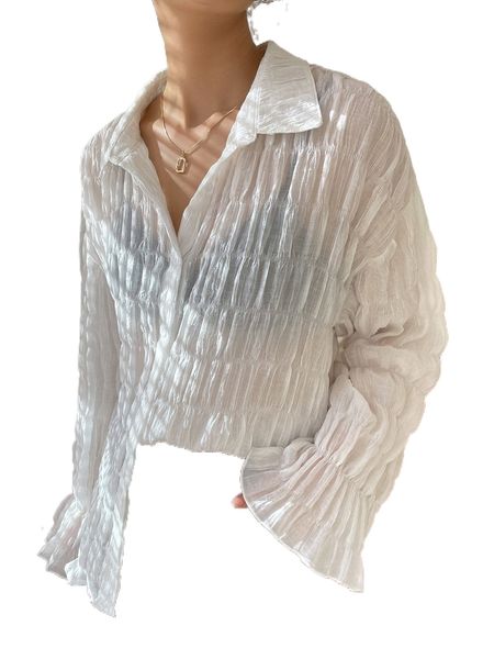 

dazy solid flounce sleeve sheer blouse d3fs#, White