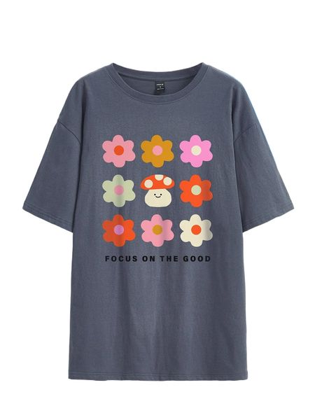 

x nktn floral print drop shoulder tee d17k#, White