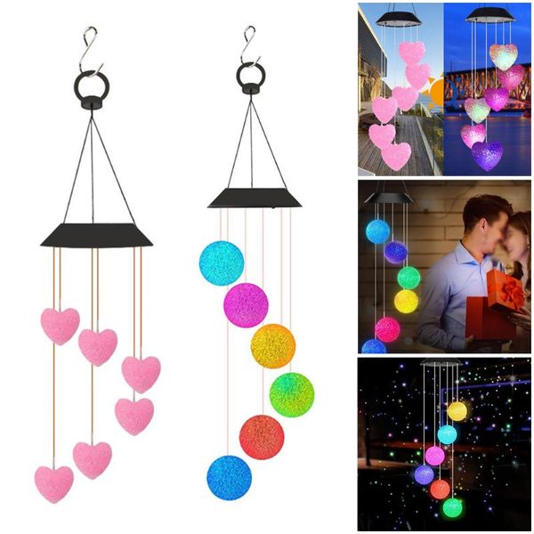 Objetos decorativos Figuras do vento energia solar luminosa luminária de cor de luz Led Love Love Heart Windbell para Ga ao ar livre