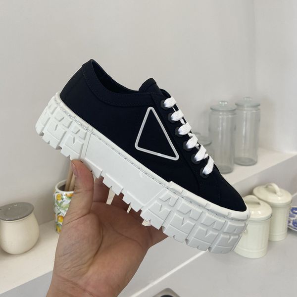 

new double wheel nylon gabardine sneaker shoes chunky lightweight sole shoes for women white blue desert beige platform canvas prad s, Black