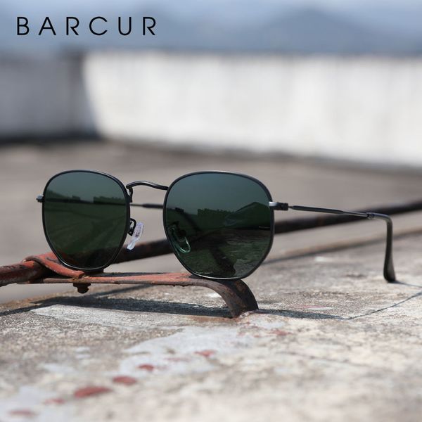 BARCUR Reflektierende Sonnenbrille Frauen Glas Objektiv Sonnenbrille Männer Edelstahl Rahmen Brillen Spiegel Hexagon DS 220513