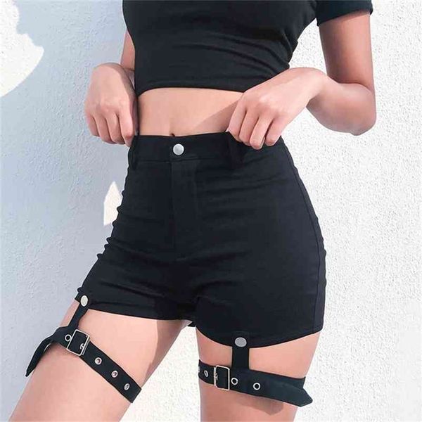 

black slim summer shorts women detachable ribbon patchwork punk short feminino high waisted short pants rave outfit 210331, White;black