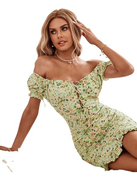 

random floral print off shoulder lace up front ruffle hem dress 36nx#, Black;gray