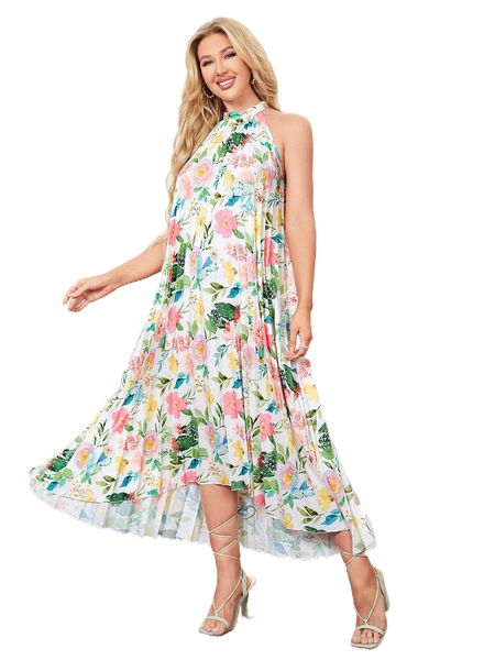 

floral keyhole back pleated dress 10yk#, Black;gray