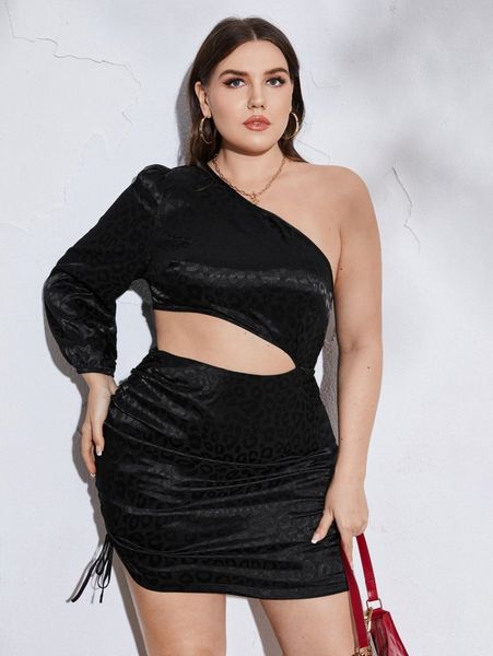 

plus leopard jacquard one shoulder cut out drawstring satin bodycon dress n2xo#, Black