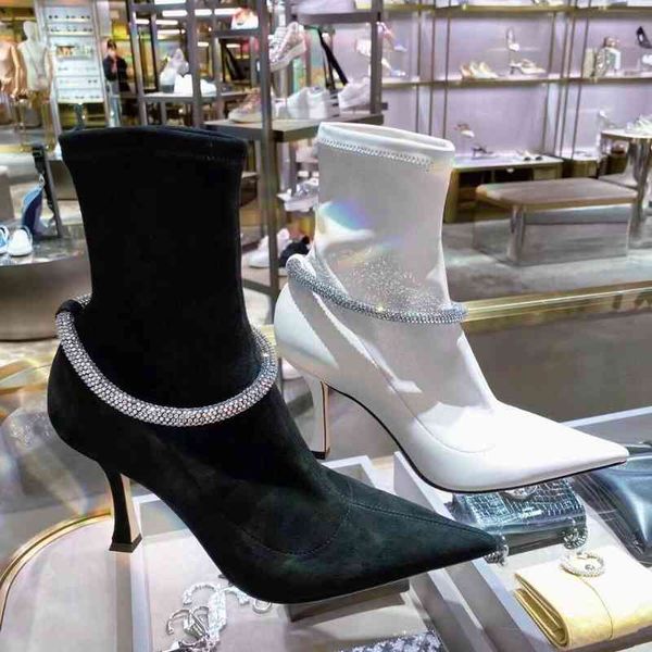 

boots women's leather boots fashion shoes pointed toe high heels crystal decoration winter series, Black