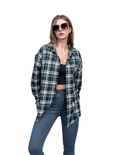 

plaid drop shoulder patched pocket button through blouse u2pr#, White