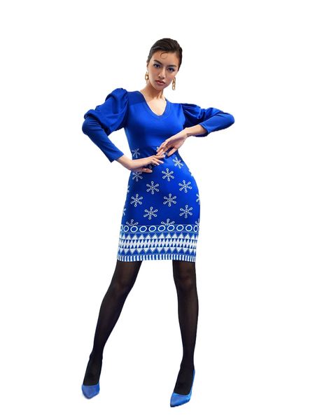 

x nidhi geo & chevron print gigot sleeve bodycon dress 80xd#, Black;gray
