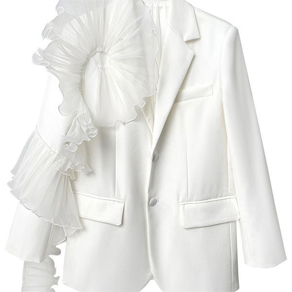 

[eam] women white ruffles big size blazer lapel long sleeve loose fit jacket fashion spring autumn 1de3921 220402, White;black