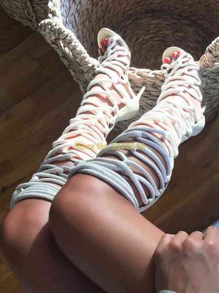 

dress shoes lace up gladiator knee high sandal boots rope hollow peep toe stiletto heel back zipper white black summer u1rz