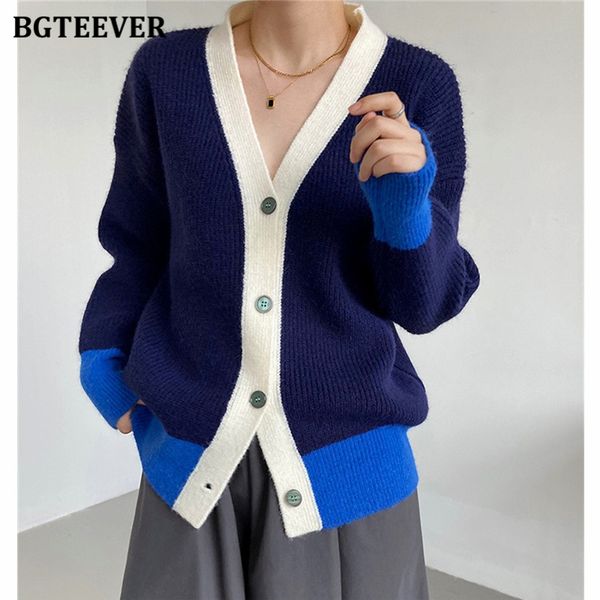 

casual patchwork v-neck women sweaters cardigans 2021 autumn winter full sleeve loose single-breasted female knitwear, White;black