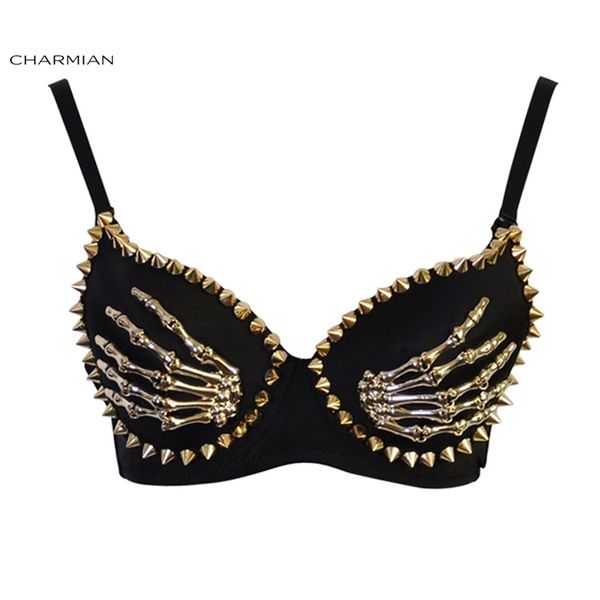 

charmian women's gothic punk bra steampunk rivets skeleton claws party nightclub bra crop rock style corset and bustiers 210316, Black;white