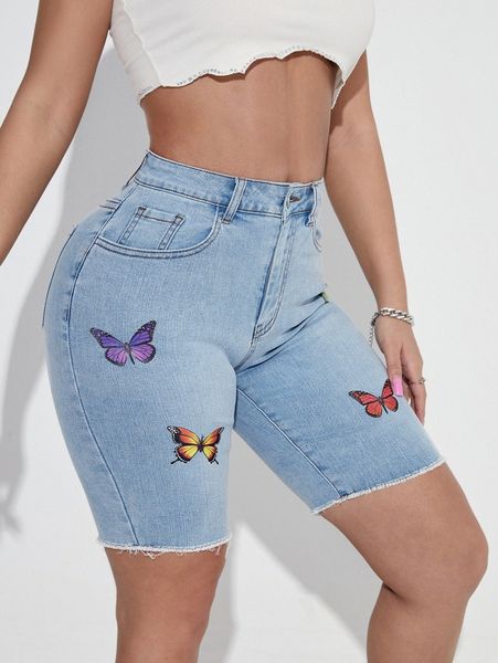 

sxy high waist butterfly print raw trim denim shorts l8hr#, White;black