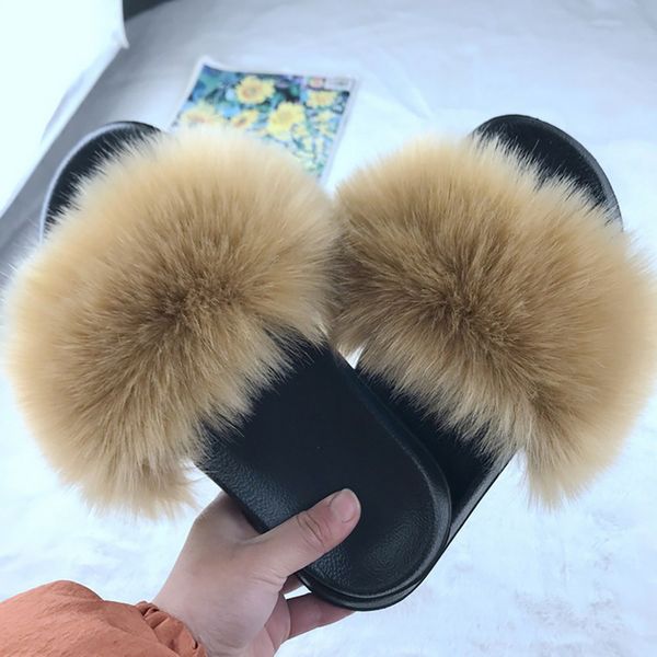 

women's vegan faux fur slippers fuzzy slides fluffy sandals open toe indoor outdoor shoes woman slipper furry slides, Black