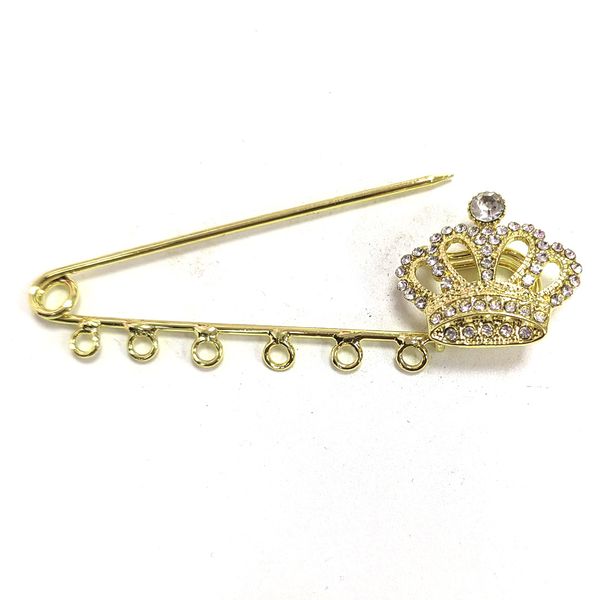 8 cm Gold Pinlelow Rhinestone Pins de segurança Broches de cristal Hijab Coroa da coroa Pinos de bebê com 6 loops para jóias DIY