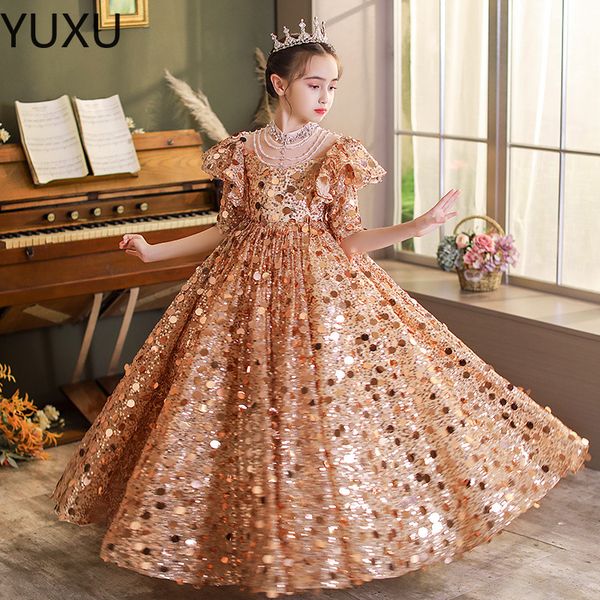 2023 Bling Cristal Flor Meninas Vestidos Para Adolescentes Tule Comprimento Até O Chão Praia Ouro lantejoulas Concurso Vestidos de Festa para Meninas Saia de Tule Formal Desgaste Infantil