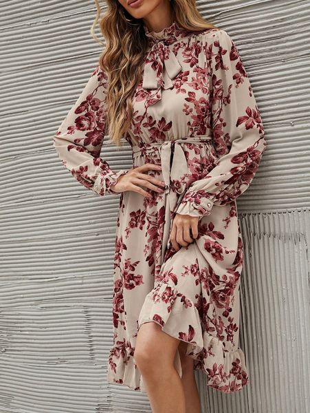 

floral print tie neck ruffle hem belted dress 02o4#, Black;gray