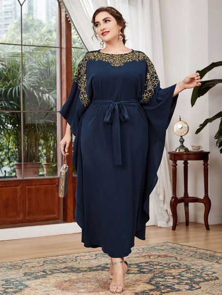 

plus embroidery belted dress h2w2#, Black