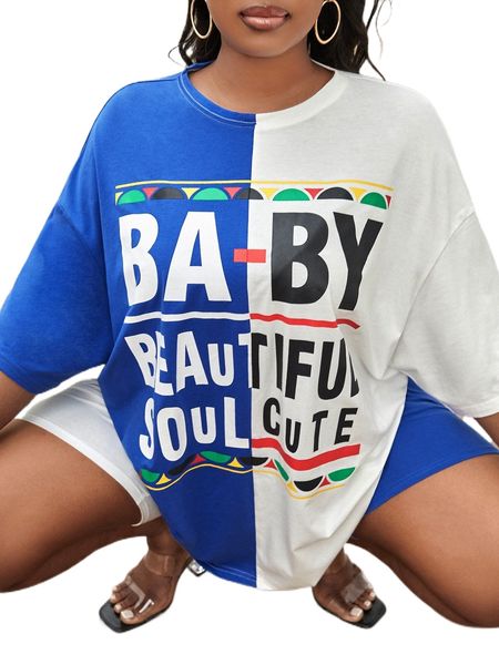 

sxy plus letter graphic colorblock drop shoulder tee & biker shorts o6od#, Black