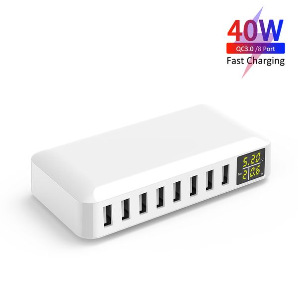 40 W Multi-Port-Ladestation, 8-Port-Tischladegerät mit intelligentem LCD-Display für Telefon, Tablets, Pad, Einzelhandelsverpackung