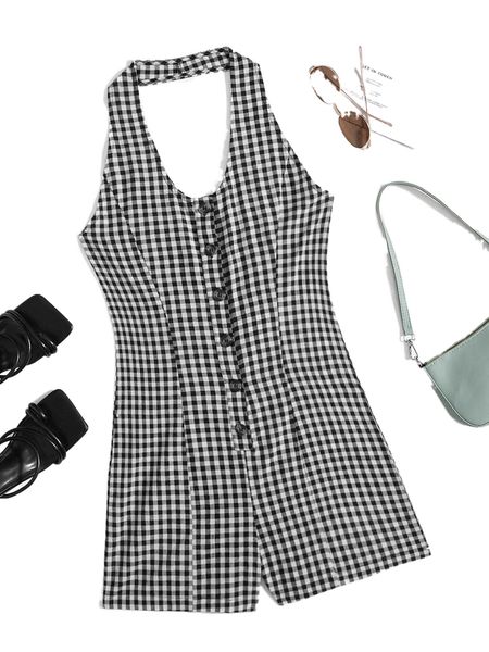 

gingham print button front halter romper 232u#, Black;white