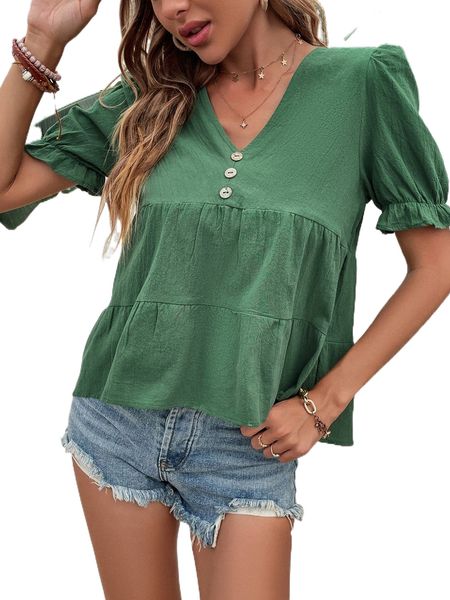 

puff sleeve button front peplum blouse 45t1#, White