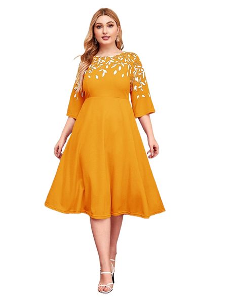 

plus leaf print fit & flare dress f9gv#, Black