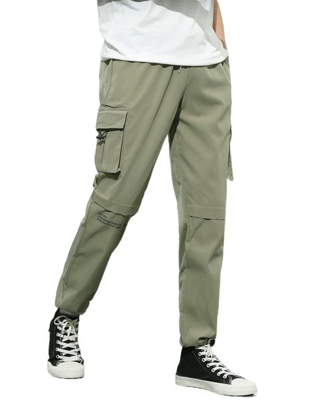 

men slogan graphic drawstring waist cargo pants b7d2#, Black