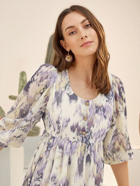 

button front lantern sleeve tie dye dress t92x#, Black;gray