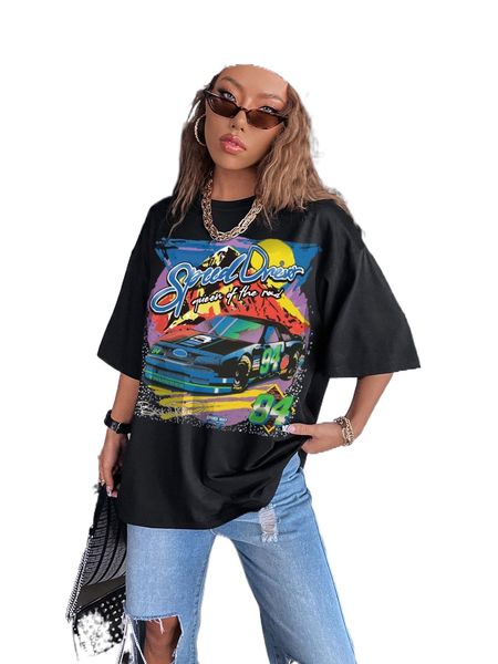 

car and letter graphic drop shoulder tee o92e#, White