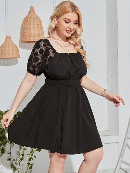 

plus lace insert puff sleeve shirred waist dress q8cf#, Black