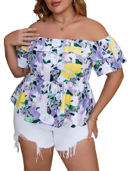 

plus floral print off shoulder ruffle trim tie front blouse j11c#, Black