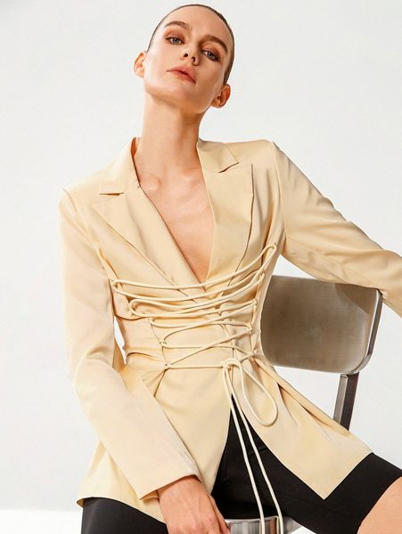 

double crazy lace up front lapel neck blazer y9c9#, White