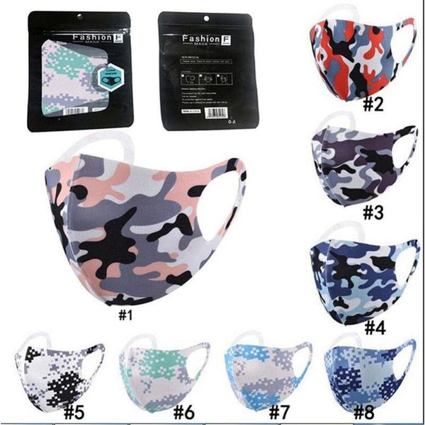 Stock Camouflage Maschera facciale Camo Copribocca Respiratore antibatterico Maschere antipolvere lavabili riutilizzabili in cotone di seta Imballaggio nero FY0032