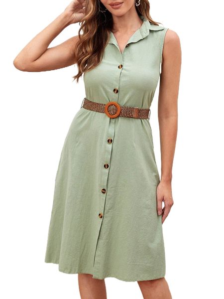 

1pc button through sleeveless belted shirt dress 326x#, Black;gray