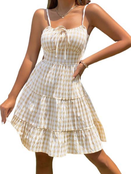 

gingham tie back cut out ruffle hem cami dress c3tl#, Black;gray
